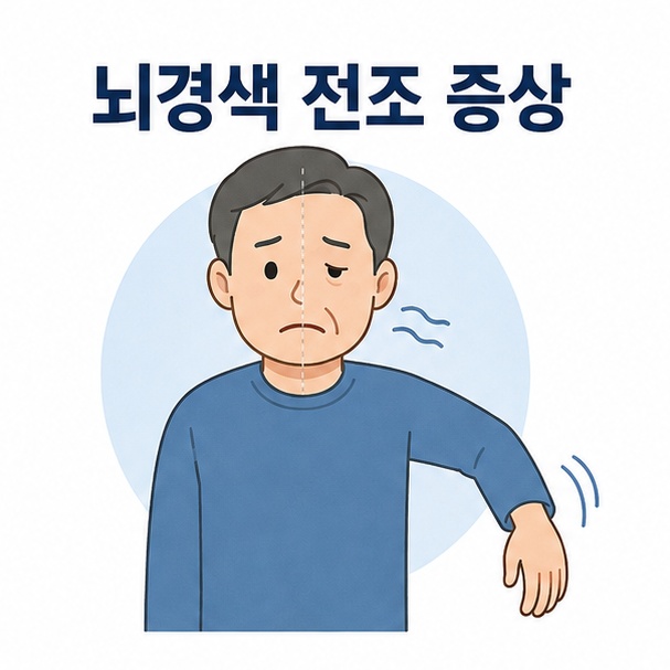 얼굴과 한쪽 팔에 갑작스럽게 힘이 빠지는 모습을 통해 뇌경색 의심 신호를 소개하는 그림