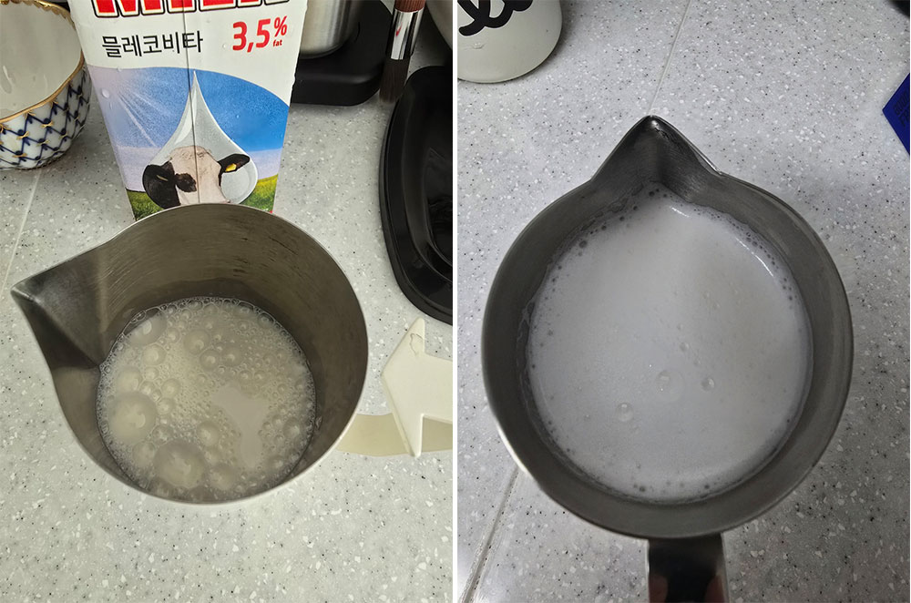 스팀
(좌) 스팀 전 (우) 스팀 직후, 부드러운 폼이 완성된 순간