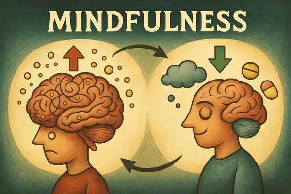 마음챙김 전후의 뇌 변화를 비교한 인포그래픽으로, 감정 과잉 상태의 뇌와 안정된 도파민 시스템과 전전두엽이 활성화된 뇌를 대비해 표현한 팀 버튼풍 감성 일러스트