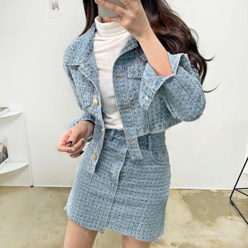 트위드 자켓 데님 베베 청 투피스 세트