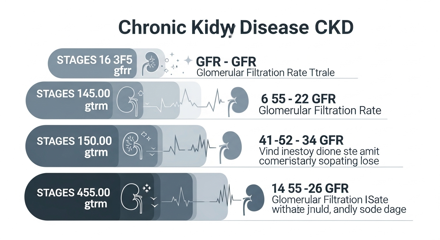 GFR 수치에 따른 만성신부전 5단계 진행 과정을 보여주는 깔끔한 인포그래픽