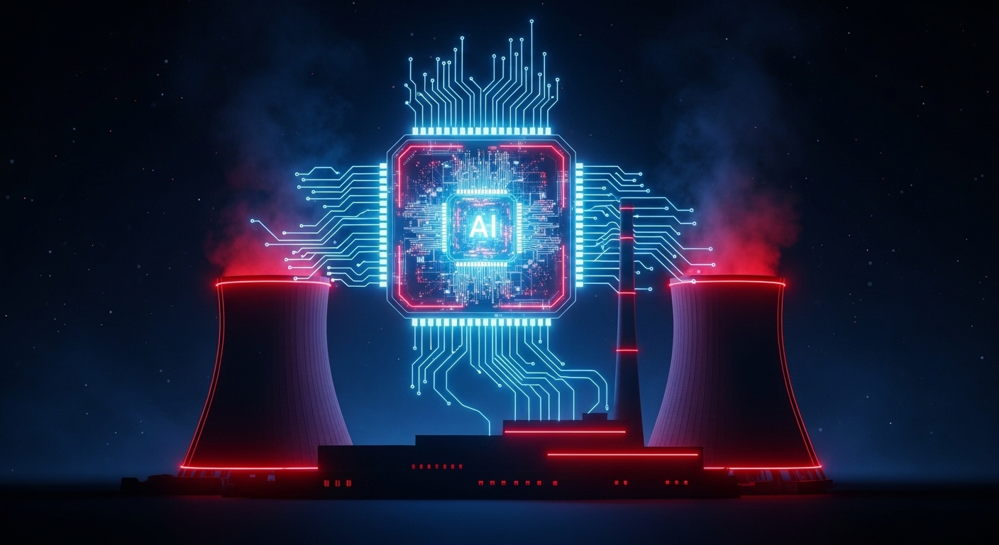 AI가 만들어낸 반도체 칩과 원자력 발전소 이미지가 합성된 미래지향적인 이미지