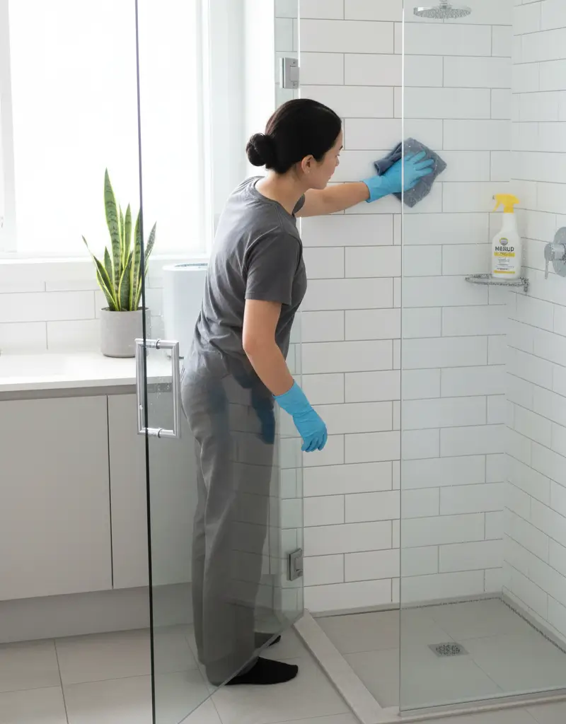 회색 티셔츠와 파란색 고무장갑을 착용한 여성이 세제와 천을 사용하여 흰색 욕실 타일 벽면을 닦으며 청소하고 있는 모습