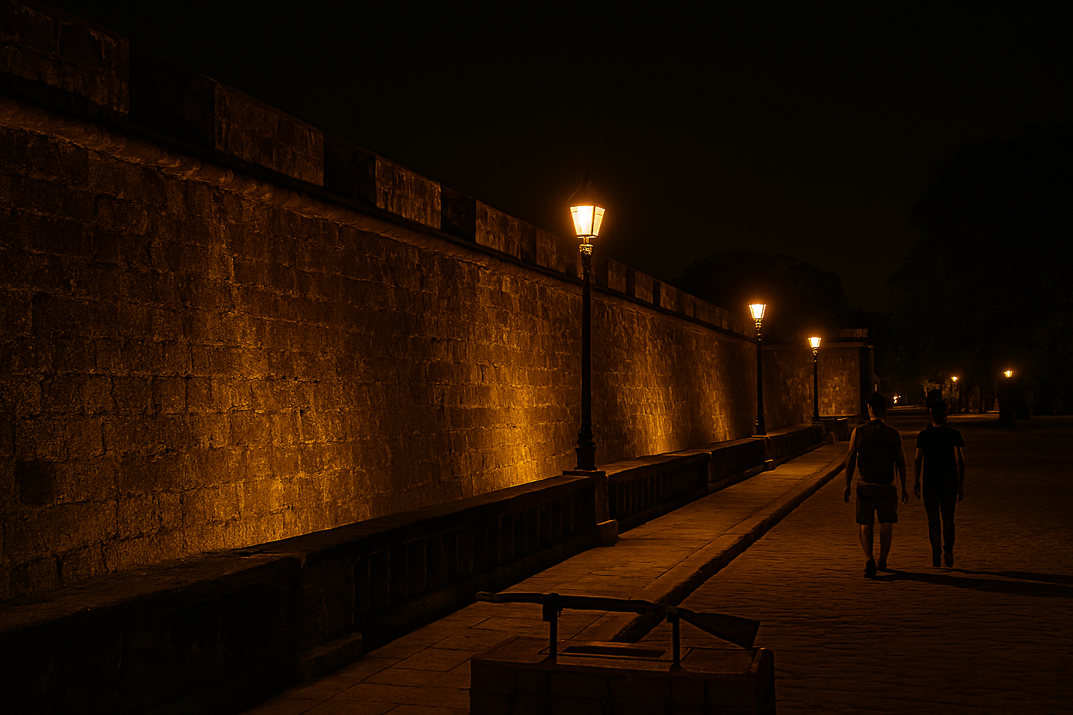 어둠이 내리고 조명이 켜진 마닐라 인트라무로스 성벽의 야경. 필리핀여행의 밤을 더욱 아름답게 장식한다.