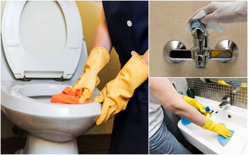 화장실 양변기, 세면대, 수도 꼭지 청소
