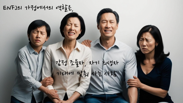 ENFJ의 가정에서의 역할은 감정 조율자, 자기 희생자, 기재에 맞춰사는 사람에 관한 그림