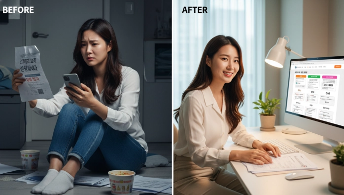 긴급복지 신청 보류 통보를 받고 좌절했던 여성이, 명확한 해결책을 찾아 희망을 얻는 모습. 좌측은 혼란스러운 상황, 우측은 해결된 상황을 대비시킨 이미지.