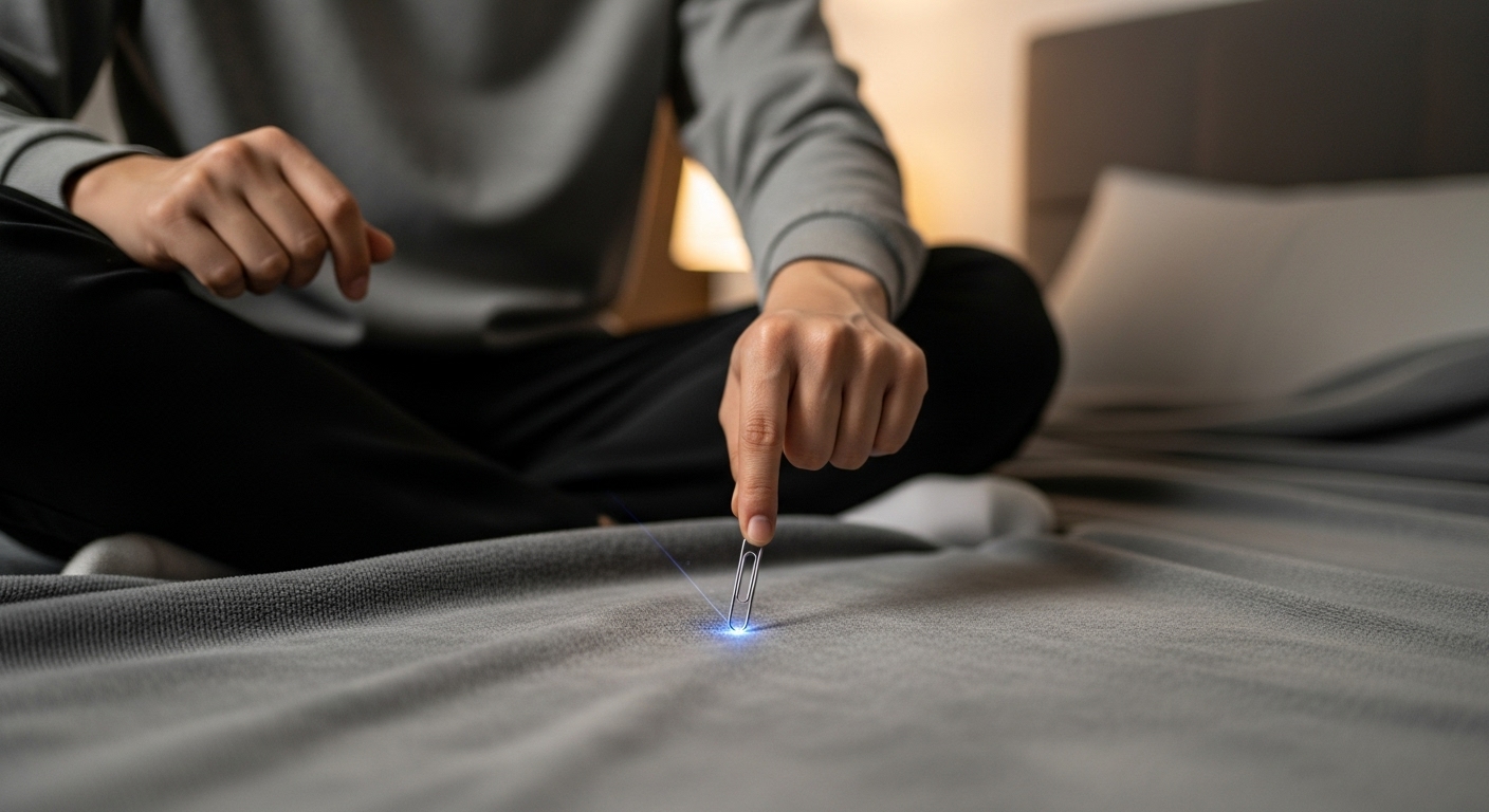 이불에 닿기 전 손에 금속 클립을 쥐고 있는 남성