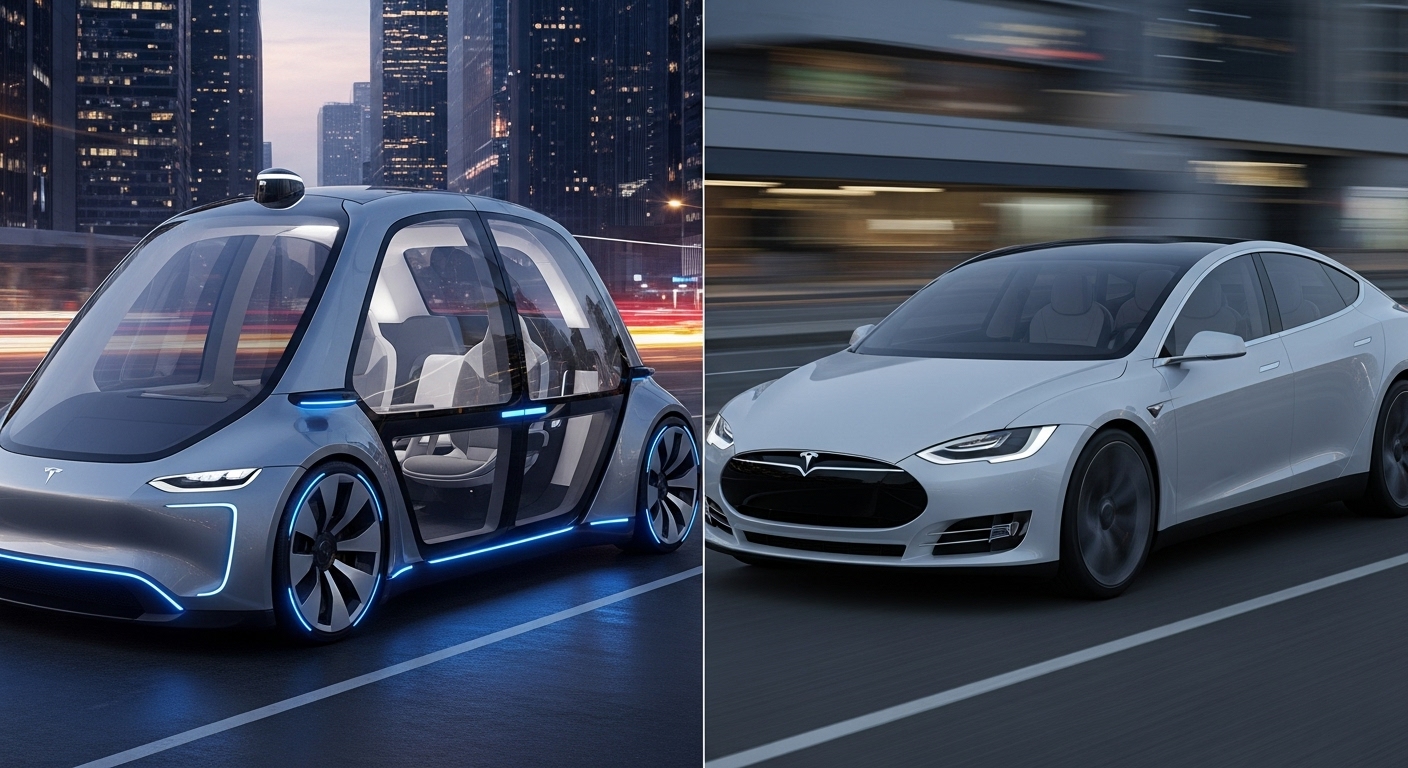 Concept car image of Tesla Robotaxi and expected rendering of the $25,000 low-cost Model 2.