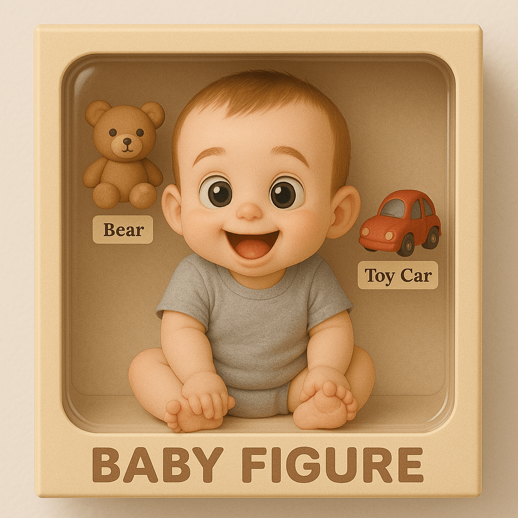 프롬프트 '귀여운 아기 인형 피규어, 곰인형과 장난감 자동차 포함된 박스 디자인'으로 생성된 AI 이미지