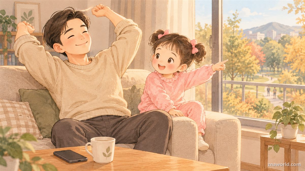 재산세 납부를 마치고 창밖 공원을 바라보는 아빠와 아이