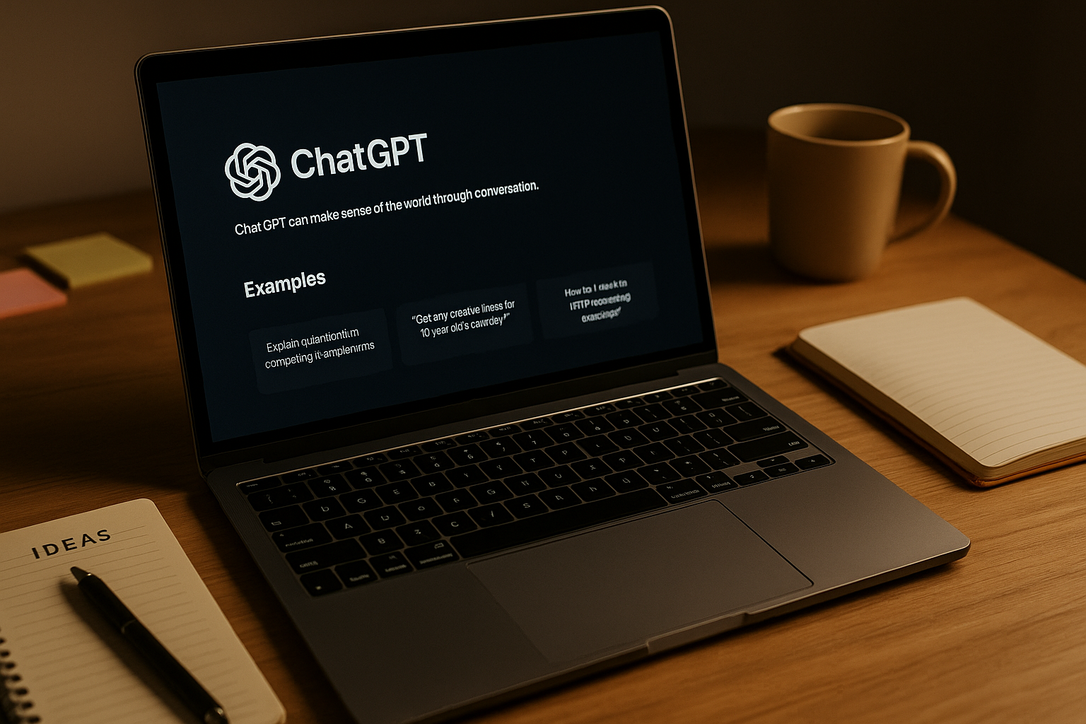 노트북 화면에 ChatGPT와 아이디어 노트가 있는 책상 장면