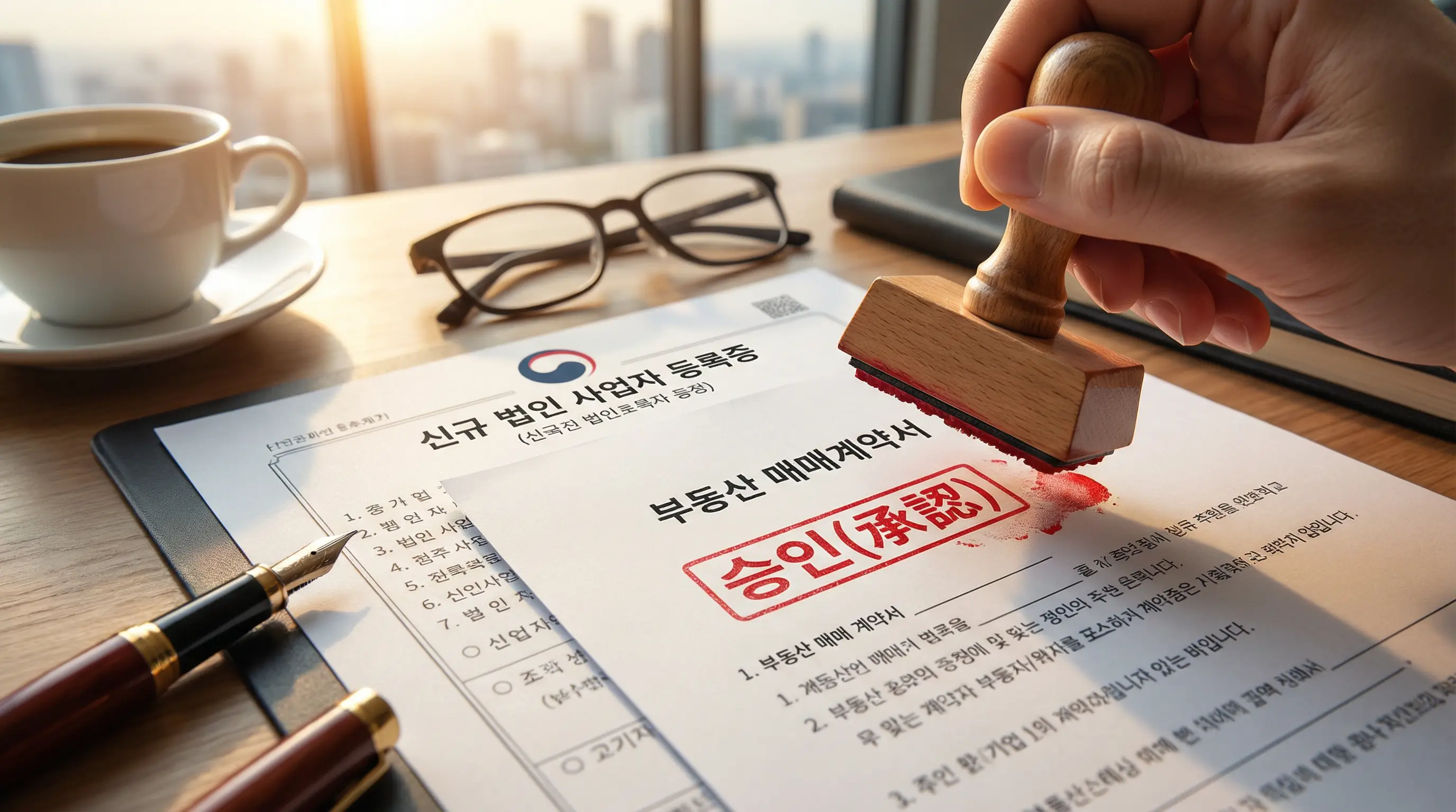 신규 법인 사업자 등록증과 부동산 매매 계약서 위에 승인 도장이 찍히는 성공적인 비즈니스 이미지