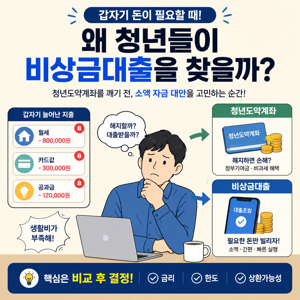 갑자기 월세, 카드값, 공과금 등 생활비 지출이 늘어난 청년이 청년도약계좌 해지와 비상금대출 이용 사이에서 고민하며 금리, 한도, 상환 가능성을 비교해야 한다는 내용을 정리한 금융 정보 인포그래픽