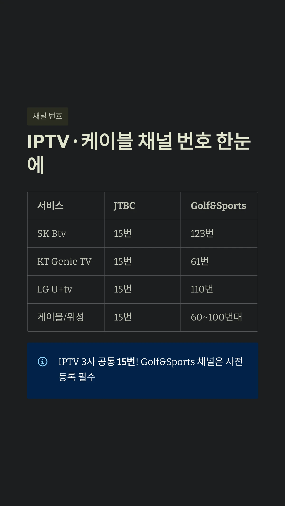 IPTV &middot; 케이블 채널 번호 한눈에