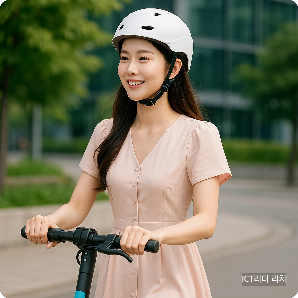 전동킥보드를 타기 직전 헬멧을 착용한 밝고 환한 20대 여성 모델의 전문가 스타일 고해상도 이미지