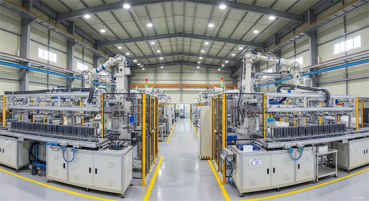 자동화 설비가 보이는 대형 배터리 생산라인 전경 