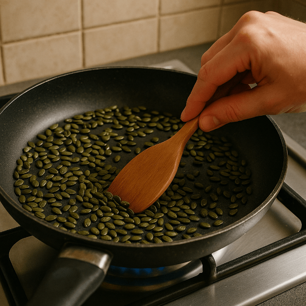 프라이팬에서 수박씨를 볶는 조리 과정