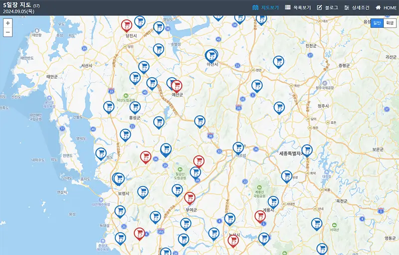 대전 충남지역 오일장 지도 바로가기