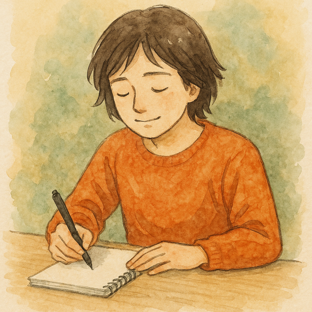 수채화 느낌의 일러스트로, 창가에 앉아 노트를 쓰는 사람의 모습