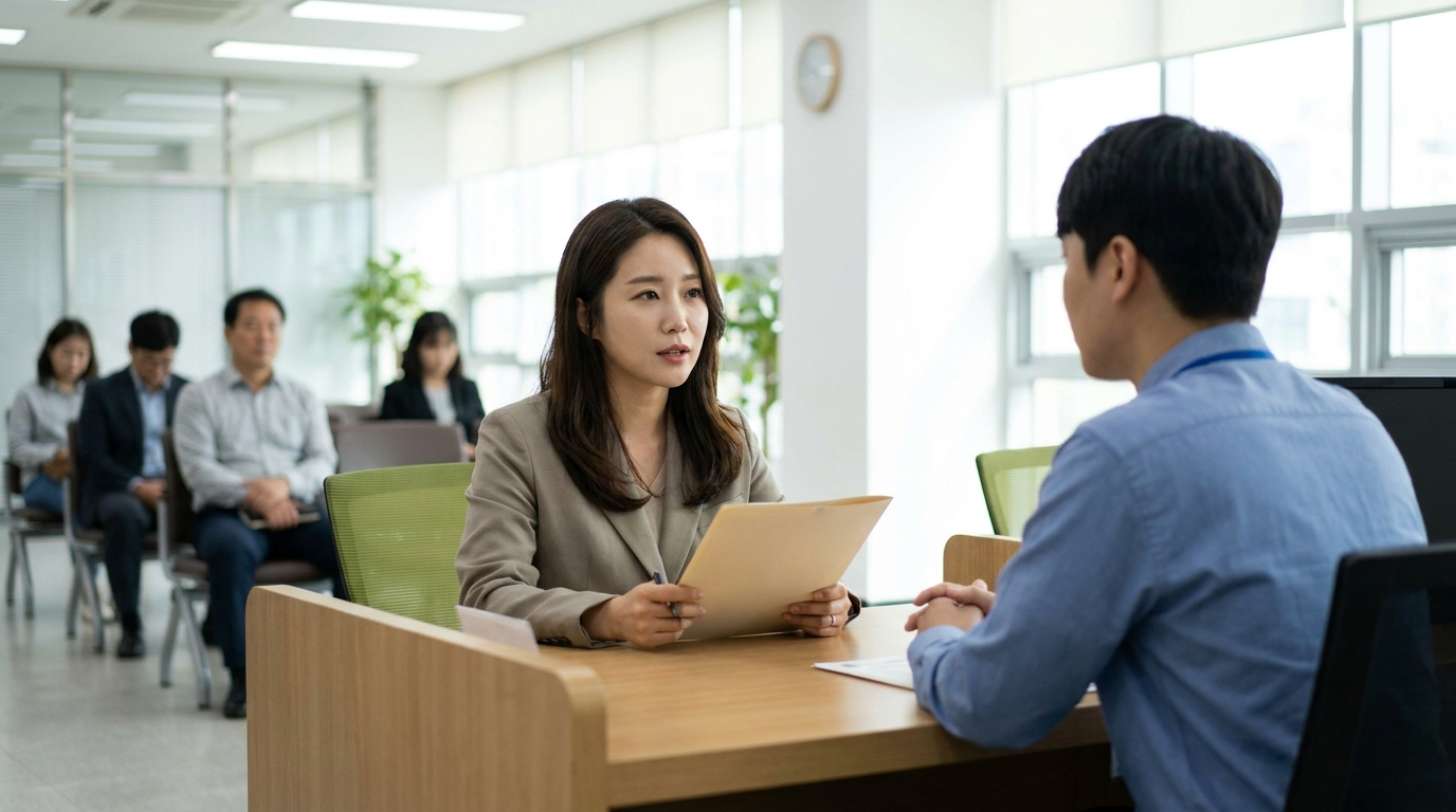 국민연금공단 창구에서 상담받는 직장인