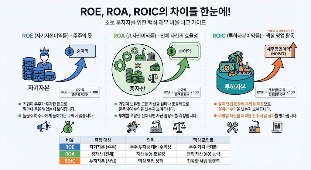 ROE ROA ROIC의 기준 자본과 자산을 비교한 금융 인포그래픽