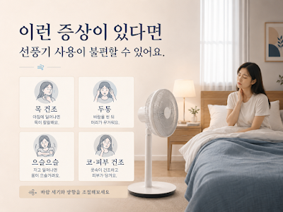 선풍기를 켜고 잔 뒤 목&middot;눈 건조와 몸의 냉감을 느낄 때 확인할 사항을 설명하는 이미지