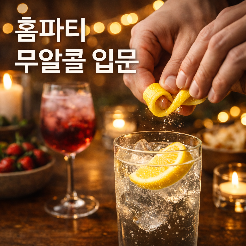 홈파티에서 레몬 껍질을 비틀어 향을 올리는 무알콜 칵테일 장면