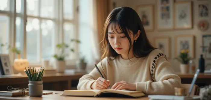 카페에서 운세책을 보며 기록하는 여성