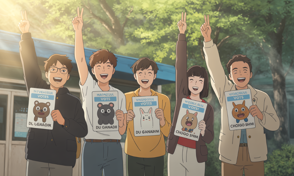 2025년 대선 투표소 앞에서 인기 캐릭터 인증용지를 들고 웃는 젊은이들