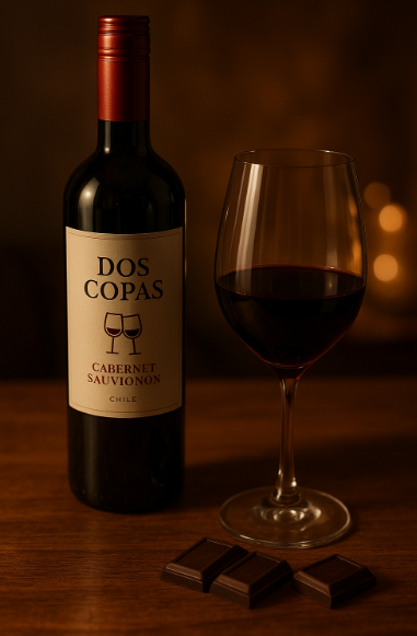 테이블 위에 놓인 도스 코파스 카베르네 소비뇽 와인병과 옆에 반쯤 채워진 와인잔, 그리고 몇 개의 다크 초콜릿이 놓여 있는 아늑한 분위기의 구성