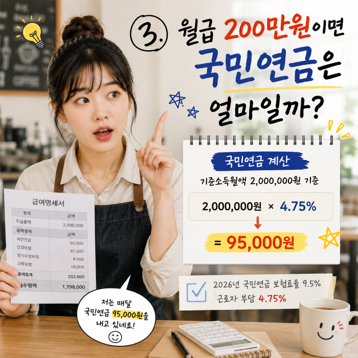 알바 월급 200만원에 2026년 국민연금 근로자 부담률 4.75%를 적용해 국민연금 95,000원을 계산하는 이미지