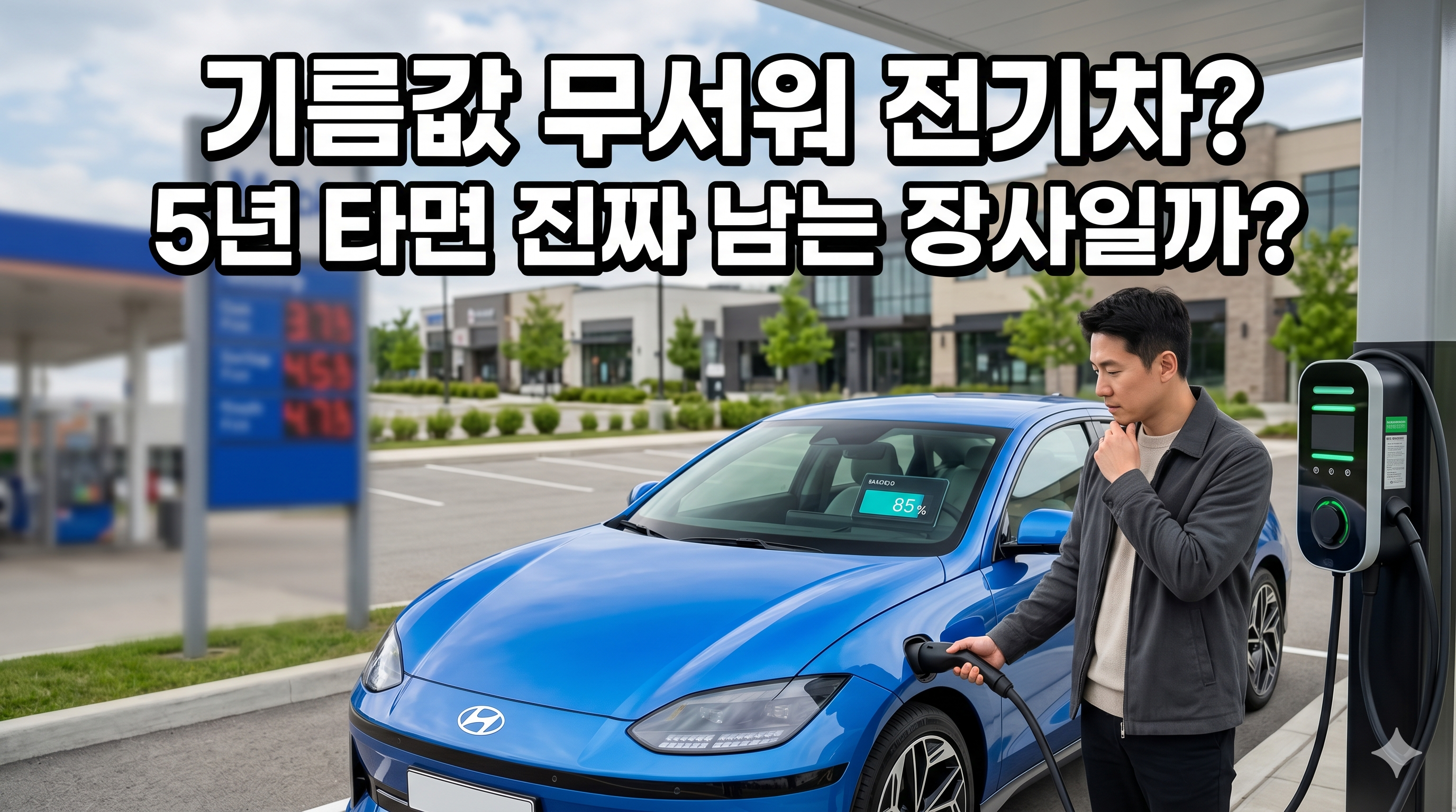 고유가 시대 전기차 경제성을 고민하는 운전자와 충전 중인 파란색 아이오닉 6 전기차 썸네일 이미지.