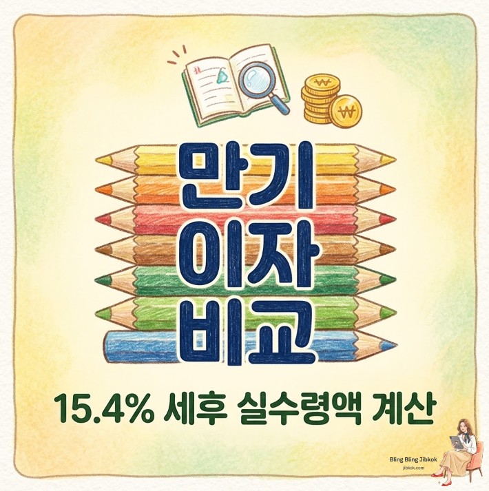 2026년 시중은행 정기예금 금리 비교 및 이자소득세 15.4% 공제 후 세후 만기 실수령액 계산기 가이드 (colored pencil drawing)