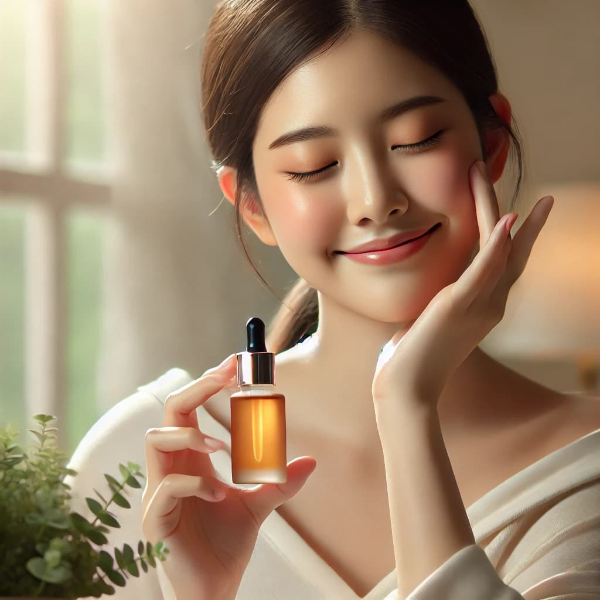 항산화 세럼을 얼굴에 바르며 스킨케어 루틴을 실천하는 동양인 여성