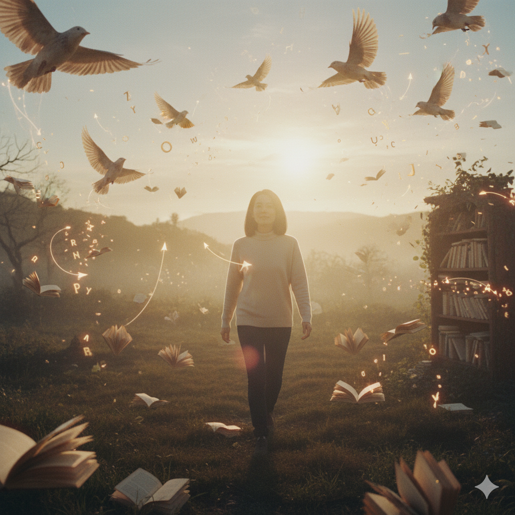 책이 새처럼 날아오르며 여성을 둘러싼 초현실적 장면