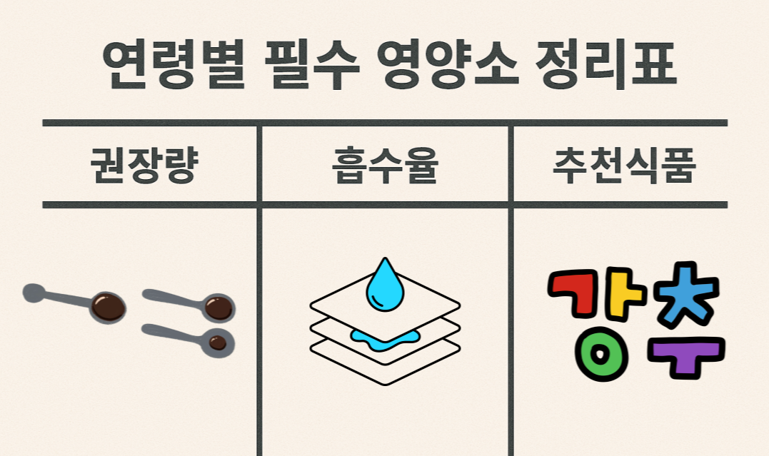 연령별 필수 영양소 정리표 사진