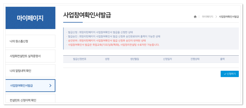 희망리턴패키지 사업참여 확인서
