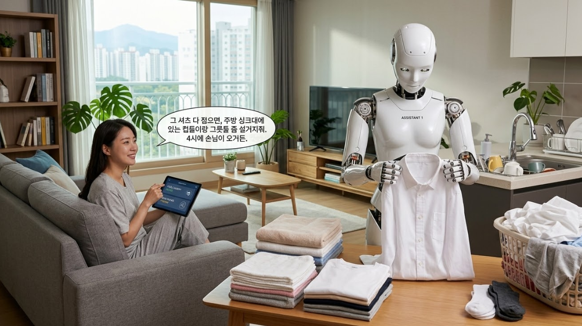 가정용 휴머노이드 로봇이 수행하는 고난도 가사 자동화 장면