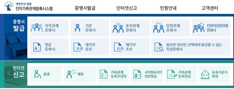 대법원 전자가족관계등록시스템 메인화면
