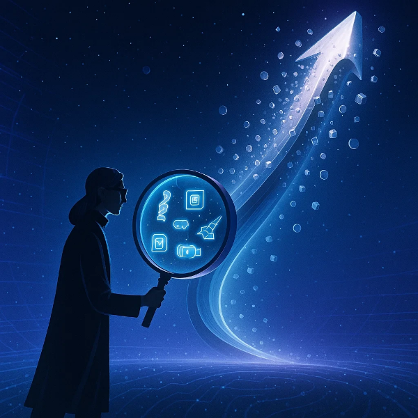 성장 가능성을 탐색하는 인물이 화살표 형태의 데이터 상승 흐름을 분석하는 미래 기술 인사이트 일러스트