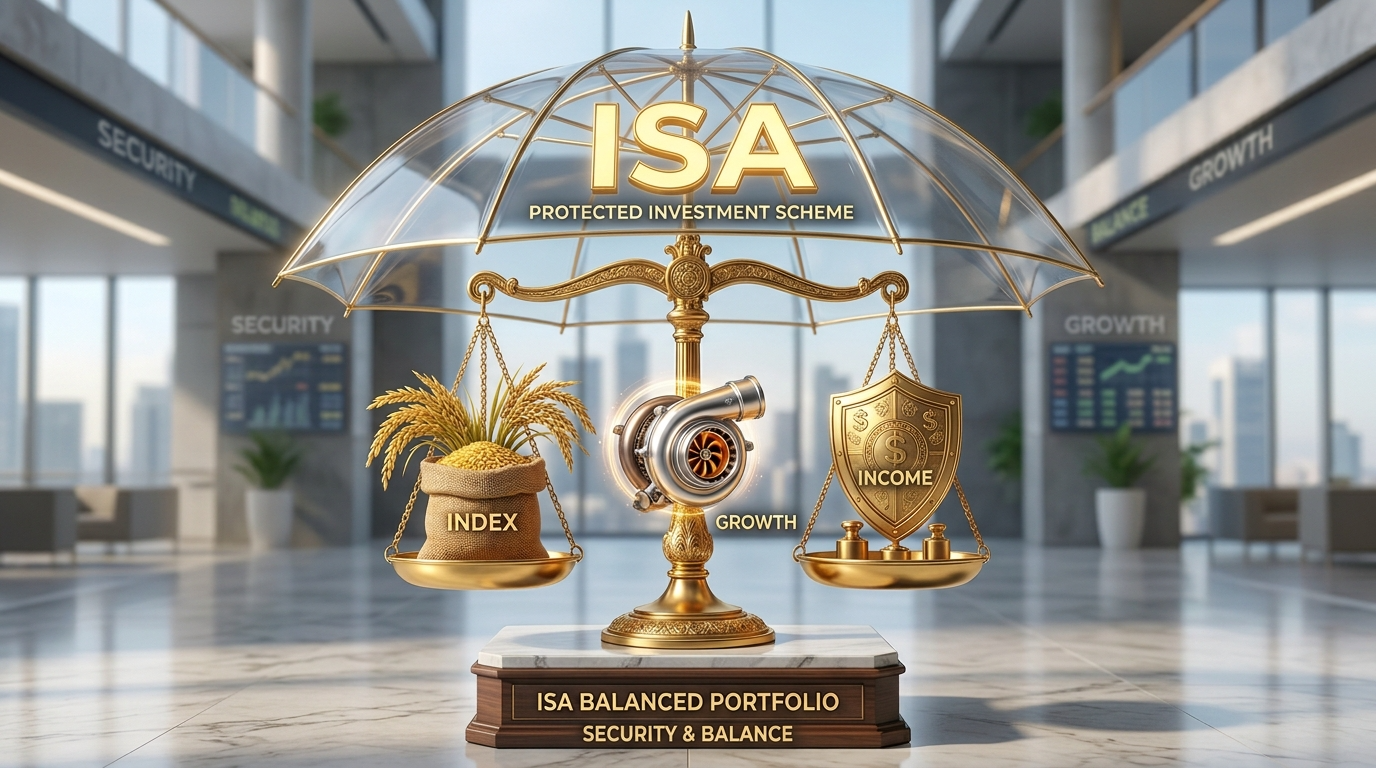 밥(지수), 엔진(성장), 방패(인컴)가 조화롭게 배치된 1억 원 규모의 황금 저울이 ISA라는 비과세 우산 아래 보호받고 있는 3D 일러스트