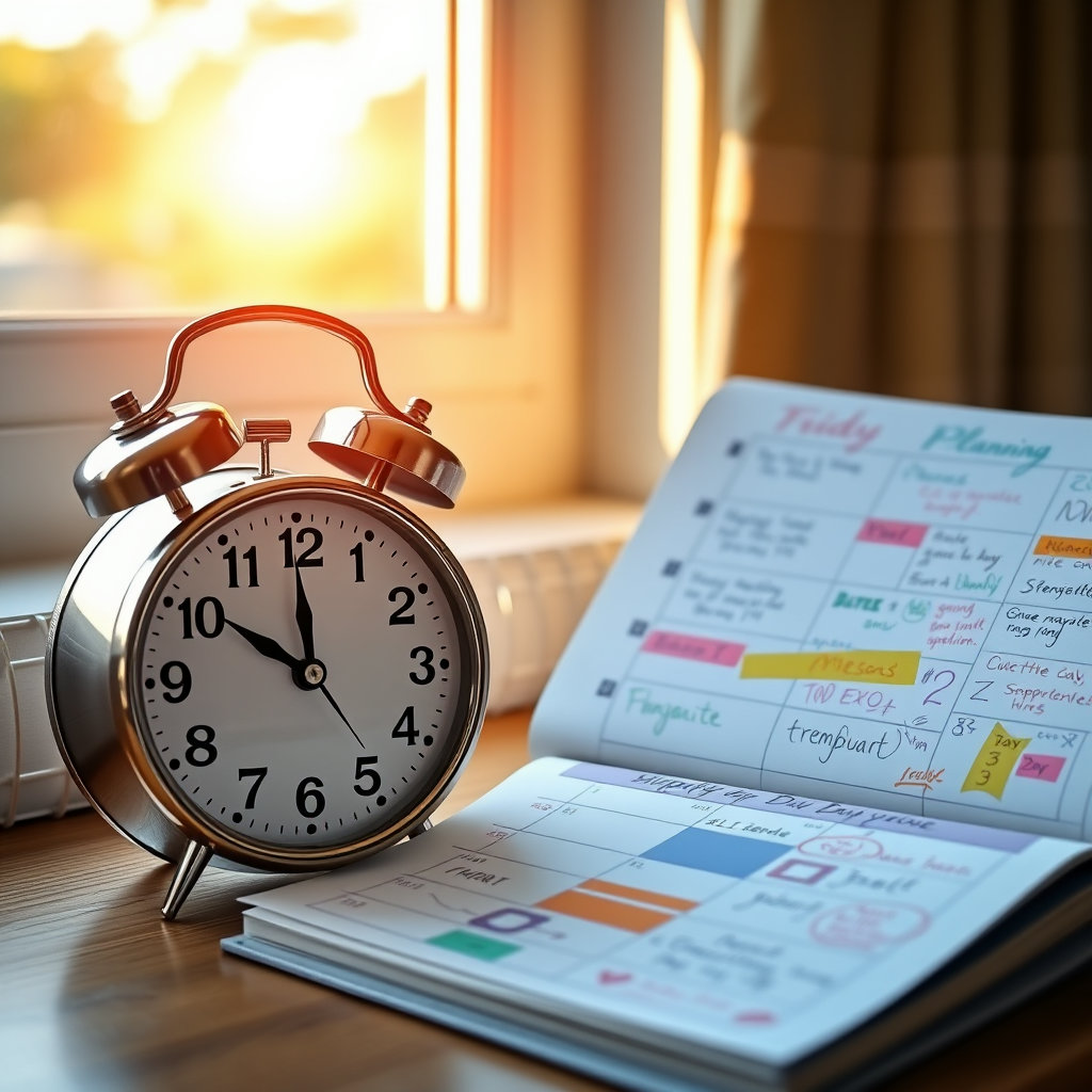 알람 시계가 아침을 알리고, 그 옆으로 활기찬 하루가 계획표와 함께 펼쳐지는 모습