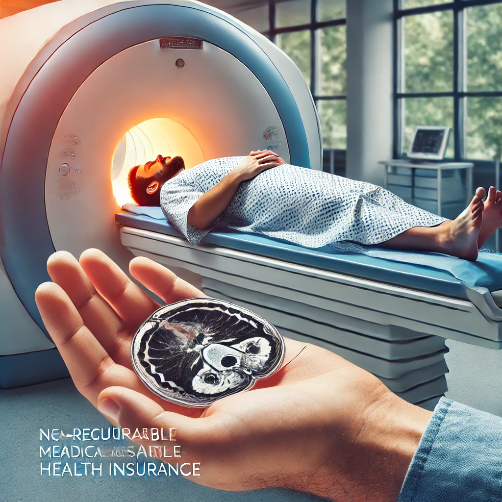 병원에서 MRI 검사를 받고 있는 환자&amp;#44; 고급 진단 기술 비용을 보장하는 보충 건강보험의 중요성을 상징. 