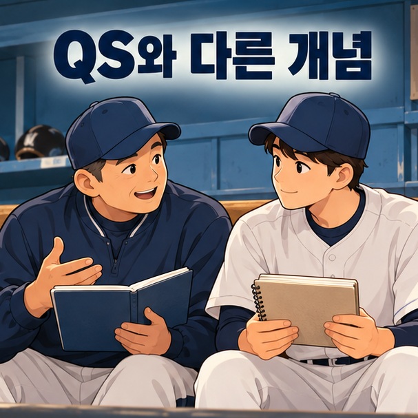 더그아웃에서 코치와 투수가 기록을 살펴보며 QS와 규정 이닝을 구분하는 모습