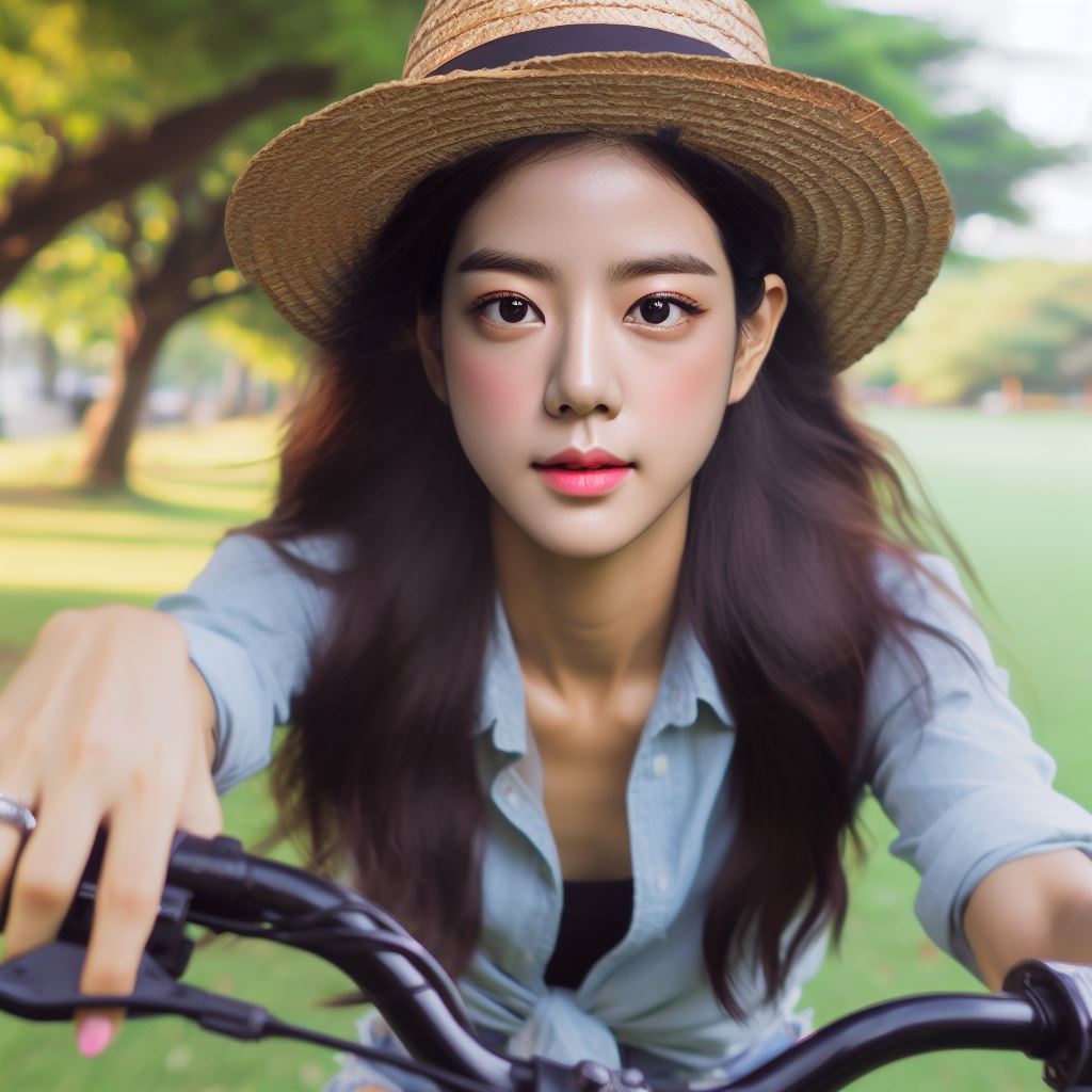 공원에서 자전거를 타고 있는 여성