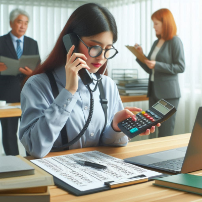 여성 사용자가 사무실에서 계산기를 사용하고 있는 모습.