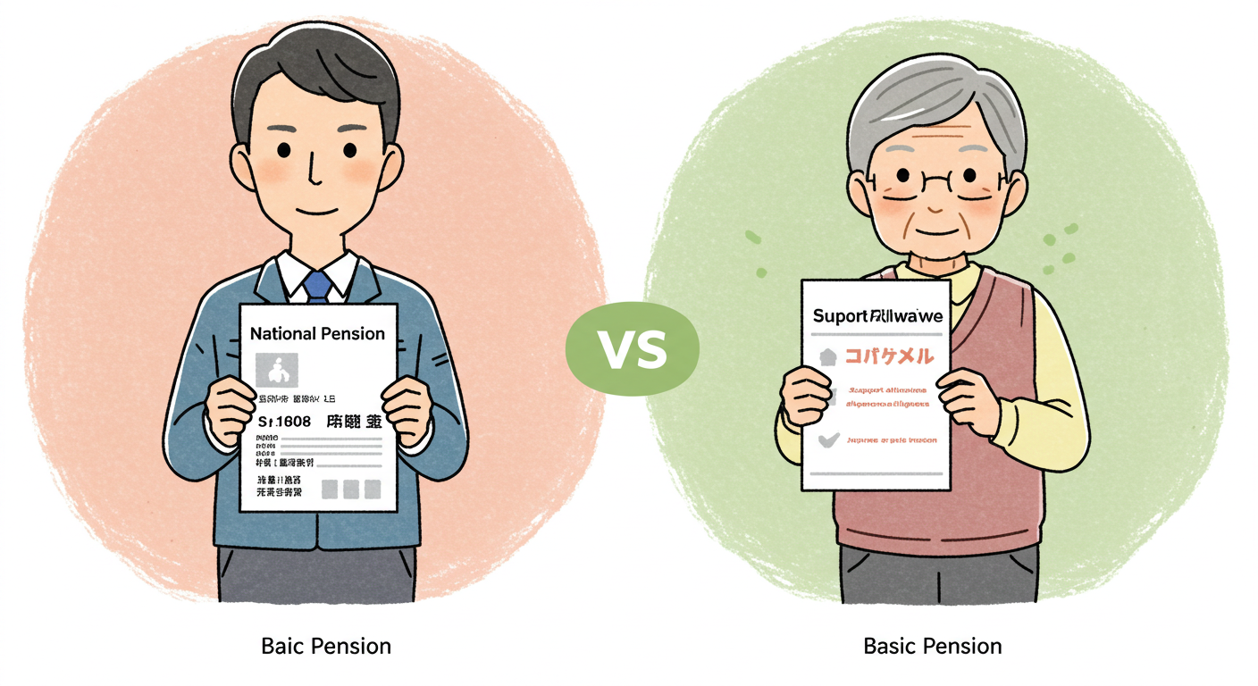 국민연금과 기초연금의 서로 다른 구조를 나타내는 인물들