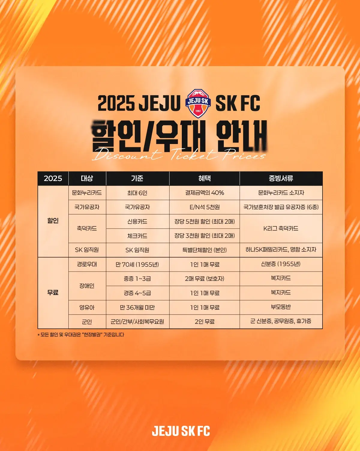 제주SK FC 2025시즌 티켓 가격, 제주월드컵경기장 좌석배치도, 할인 및 무료입장 안내