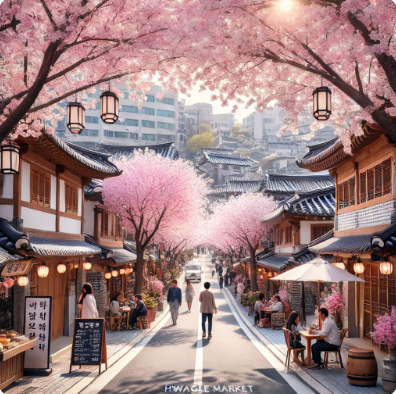 2025년 화개장터 벚꽃 축제에서 벚꽃이 만개한 길을 따라 방문객들이 산책하는 모습. 전통 한옥과 시장 노점이 배경에 보이며, 따뜻한 햇살이 벚꽃 사이로 비추는 풍경